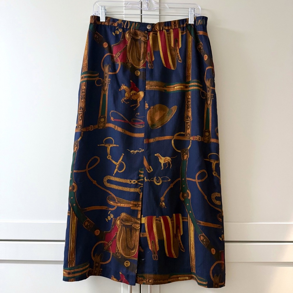 Pendleton Petite Equestrian Print Midi Skirt Navy Blue Horse Saddle Rayon Sz 12 - Picture 2 of 12